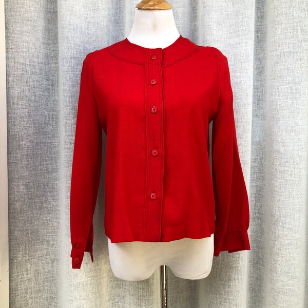 1970’s bright red light wool long sleeve button down collarless blouse