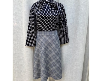 MCM 1960's black top white polka dots neck tie gray plaid skirt midi dress