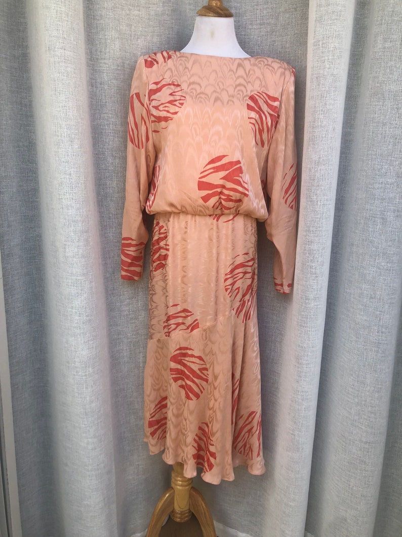 1980/'s Saint Pompei Peach Pink and Coral Silk Moire Midi Dress size 10 vintage