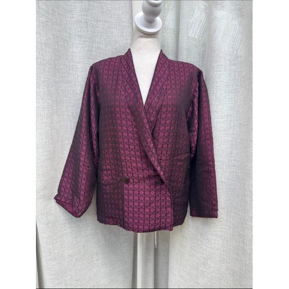 vintage burgundy kimono inspired jacket geometric diamond jacquard pattern