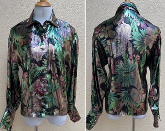 Vintage Floral metallic lame floral button down lamé blouse - black, green, pink