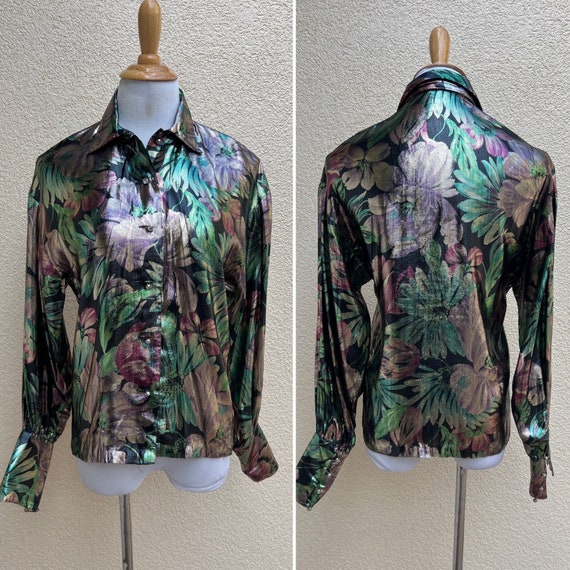 Vintage Floral metallic lame floral button down l… - image 1