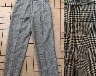 Giancarlo Ferrari black and off white white glen plaid/houndstooth high waisted wool pants