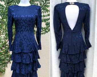 Vintage A.J Bari navy blue dress animal print brocade silk ruffle tiered skirt, teardrop open back rhinestone brooch
