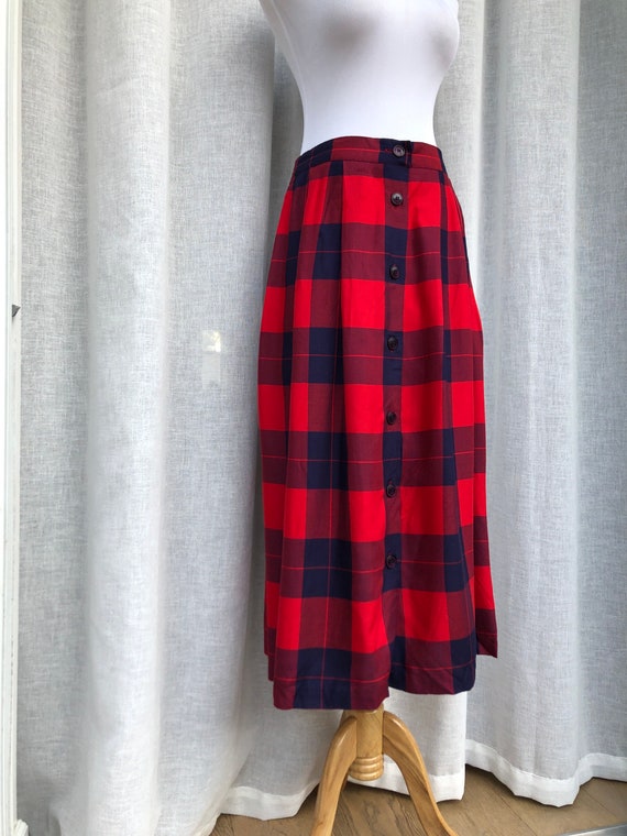 Vtg CHAUS red blue plaid front buttoned Maxi skirt - image 3