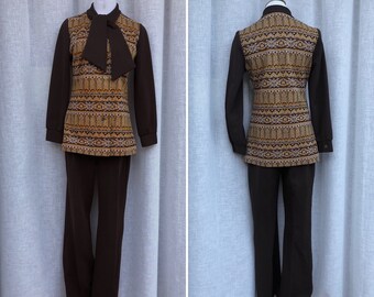 1960's Crimplene 3 piece ensemble - brown ethnic pattern button down top and solid color pants by Sir Julian