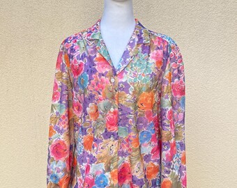 1970 Devon multicolor floral button down collared polyester blouse