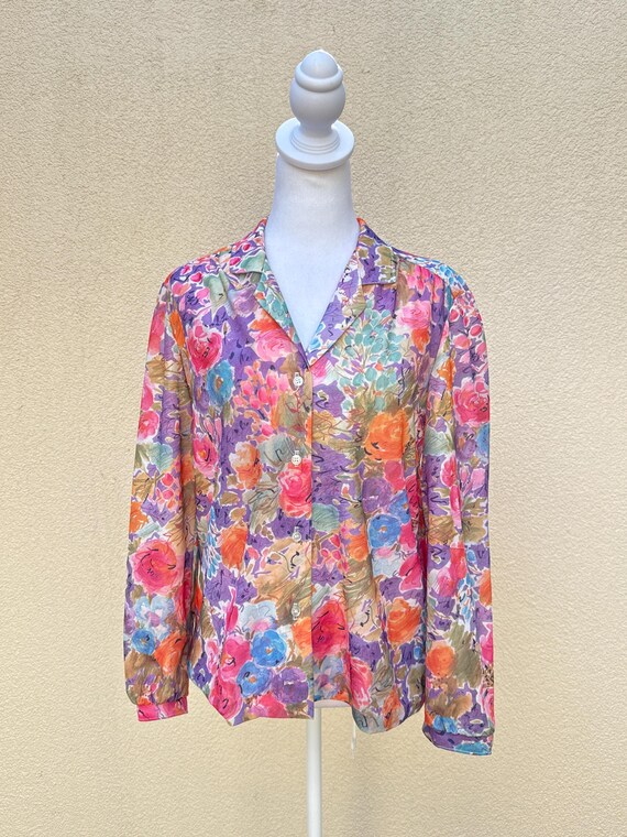 1970 Devon multicolor floral button down collared… - image 1
