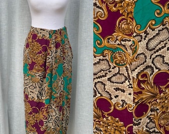 SK & Company multipattern baroque animal print swirls colorful midi silk skirt