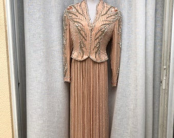 1990 Bob Mackie light pink, silver beads & sequins long sleeve dress