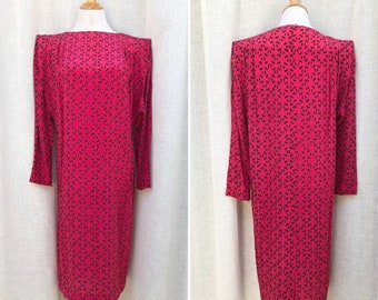1990 Liz Claiborne Long Sleeve Red Silk brush strokes shift Dress, Sz 8
