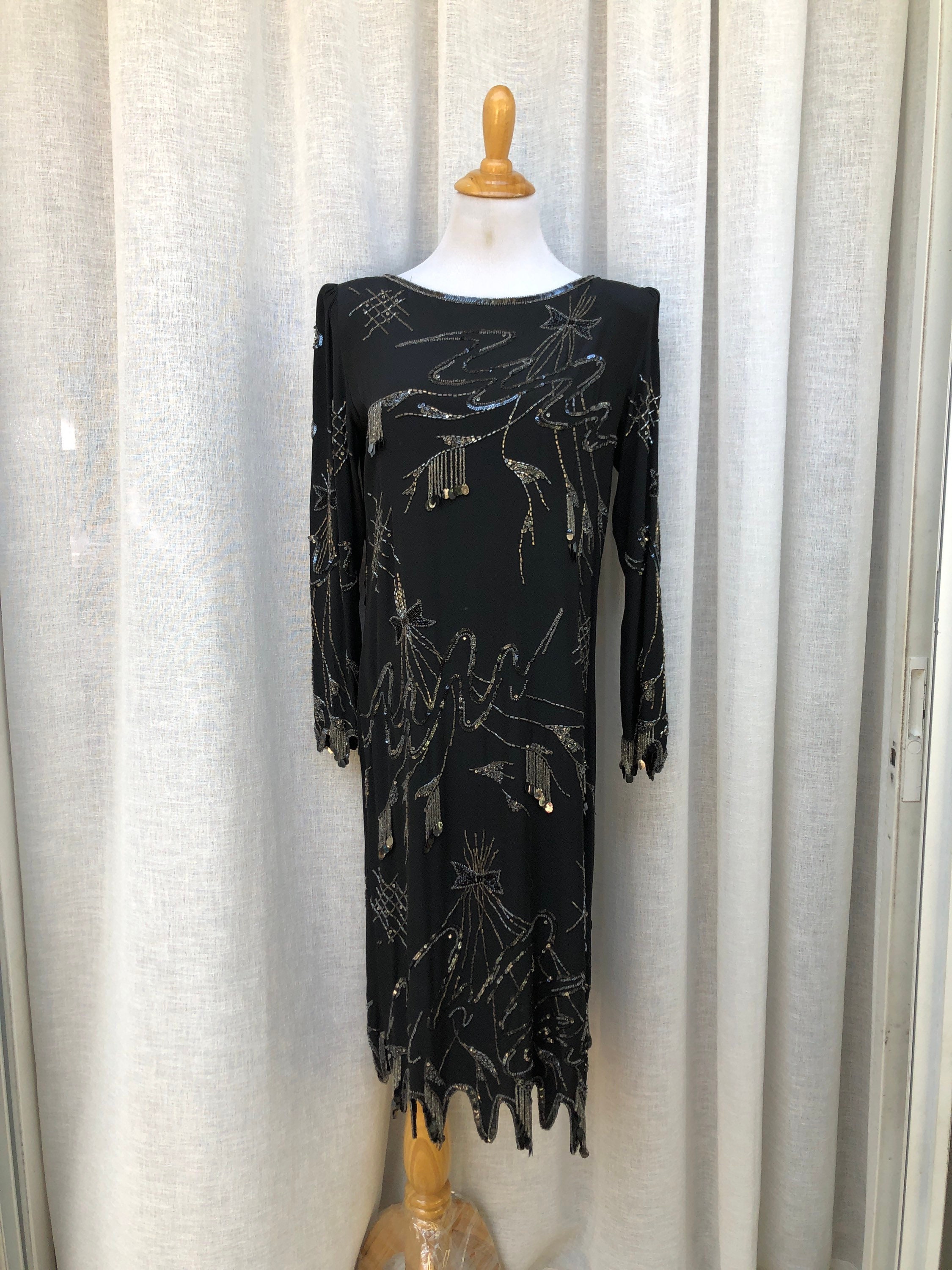 blue dress for baby girl Beaded Chiffon Ankle Length Gown with Dolman Sleeves in Black
