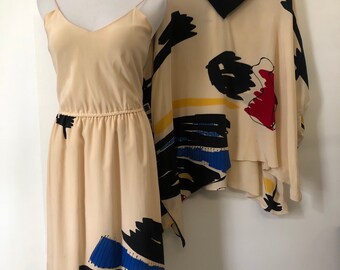 1970’s Karie Patterson for Sansappelle abstract Mondrian style painted silk dress and blouse kaftan