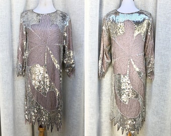 1980 Megere light blush pink, silver beads & sequin long sleeve flapper style dress