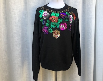 Margules knitted  black pullover crew neck sweater with beaded sequin floral embroidery