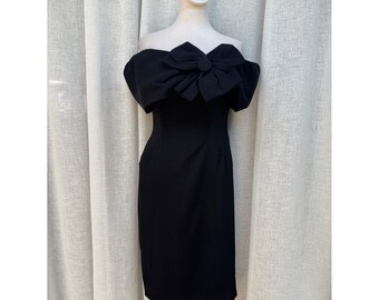 1980's Topaz Black Off The Shoulder cocktail Dress front bow