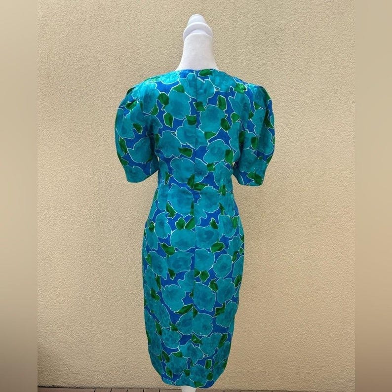 Vintage Adrianna Papell blue and green floral silk brocade dress image 3