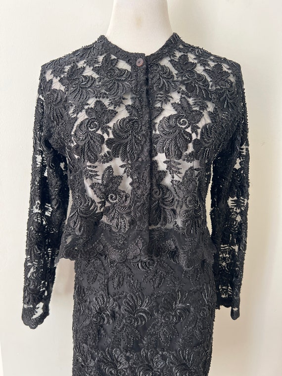 1990's Black Lace beaded skirt and jacket set - image 2