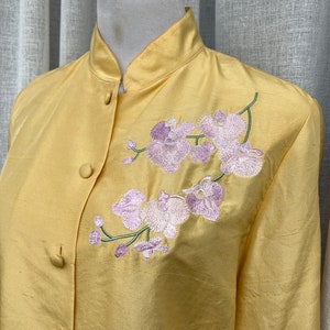 Hi Lin vintage gold yellow silk embroidered orchids floral mandarin Chinese blouse image 3