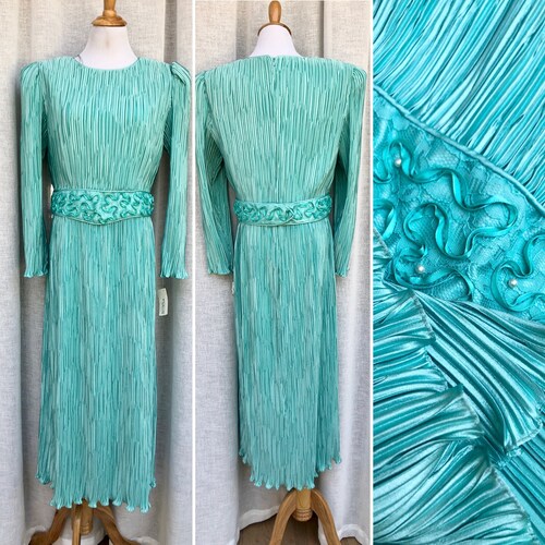 Joan Leslie for shops Talbots turquoise gown plisse crinkled fortuny pleats long sleeves with cord embroidered lace belt