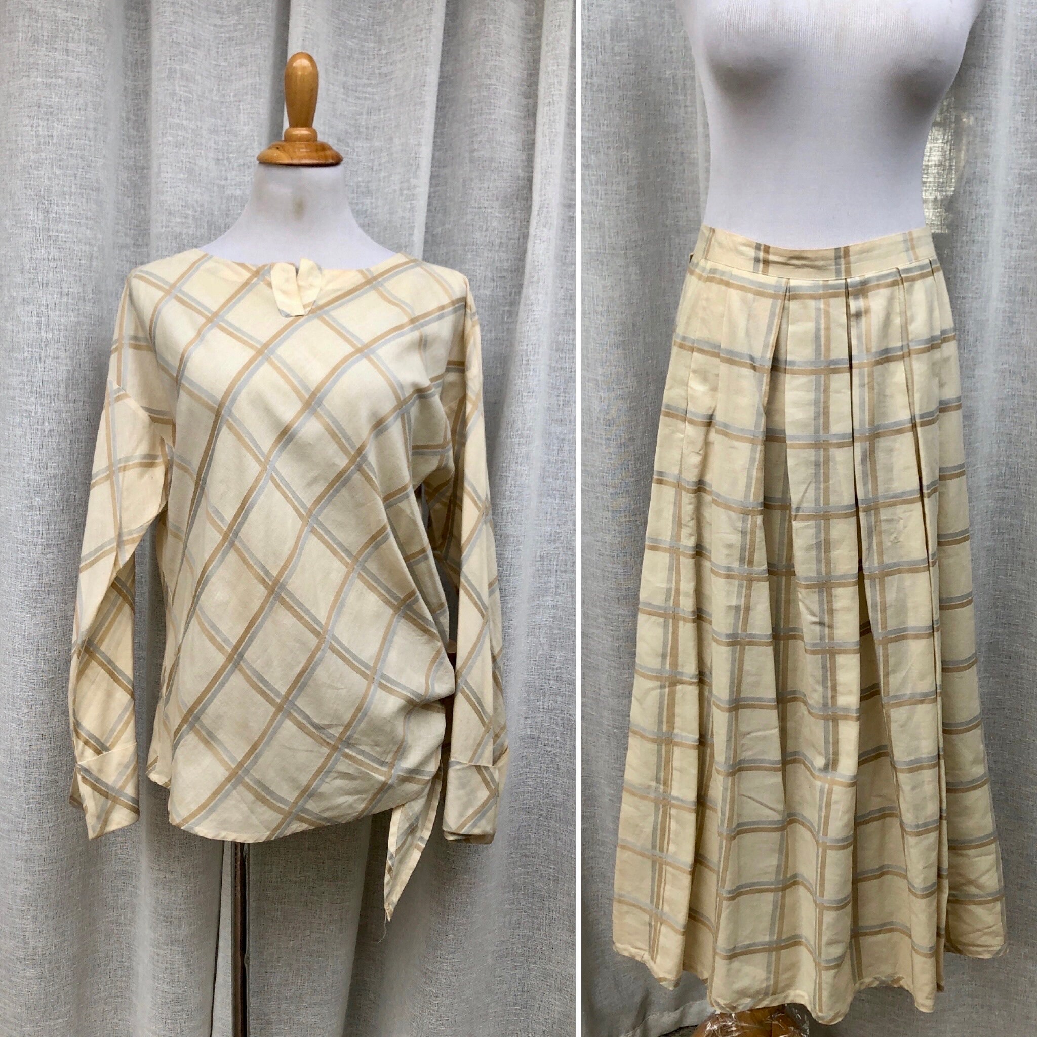 Cygne Design by Dianne B Ivory Light Blue and Tan Plaid Long 