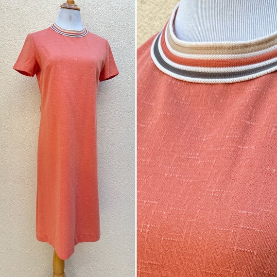 1960’s orange coral Crewneck T-shirt Dress in  Po… - image 1