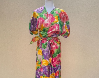 Vintage short sleeve floral print crossed bright skirt dress