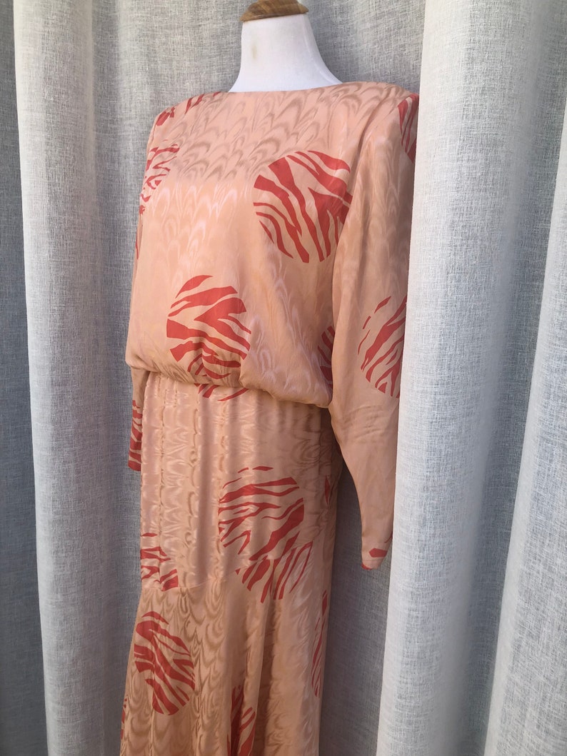 1980/'s Saint Pompei Peach Pink and Coral Silk Moire Midi Dress size 10 vintage