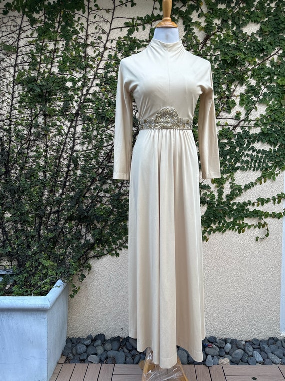 Gorgeous 1980’s beige maxi dress with beaded waist