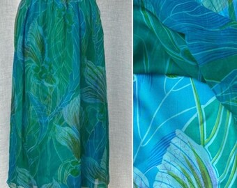 Vintage Green and Blue floral double layered silk chiffon midi skirt
