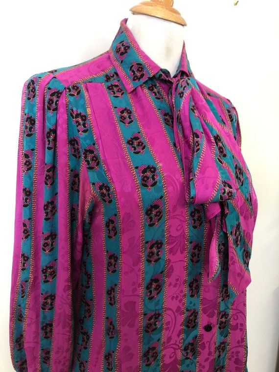 1980’s all silk floral magenta and teal striped n… - image 5