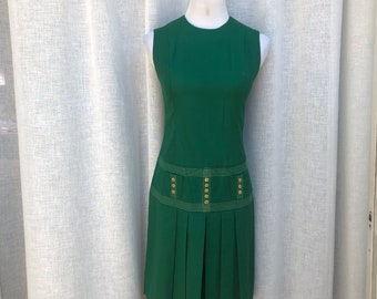 Vintage Liberty Square green sleeveless mini dress with pleat skirt