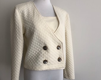 Off White Cream Ivory Color vintage quilted matelassé bolero double breasted jacket blazer by ARON, USA