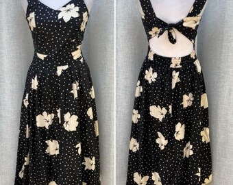 Halmode Petites polka dots floral sleeveless tie back cotton black a line dress