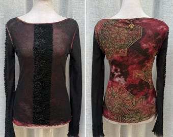 Shirt Passion black sheer red gold floral long sleeve mesh boho top