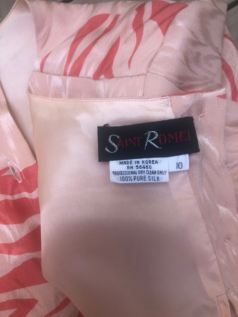 1980/'s Saint Pompei Peach Pink and Coral Silk Moire Midi Dress size 10 vintage