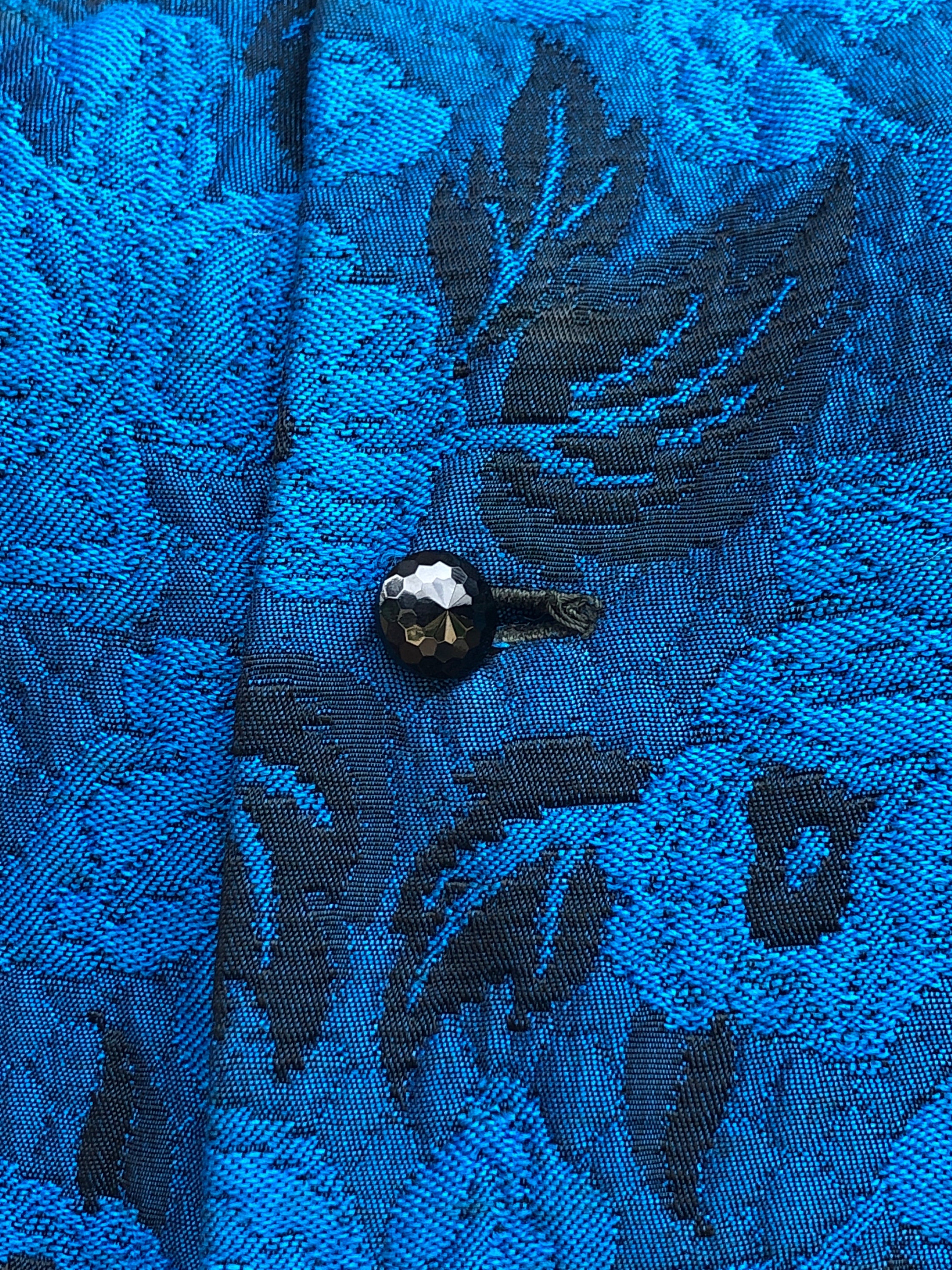 1980s Vintage Bright Blue and Black Floral Jacquard Weave