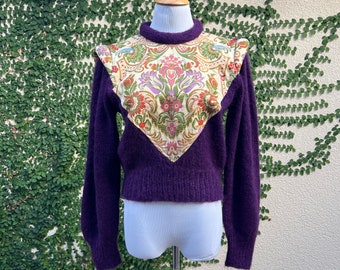 Vintage Vivere Italiano ITALY Marshall Fields Purple Soft mohair Knit Sweater with tapestry floral detail