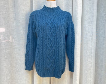 Vintage Chrys Antheme blue ramie and cotton blend cable knitted sweater with shoulder pads