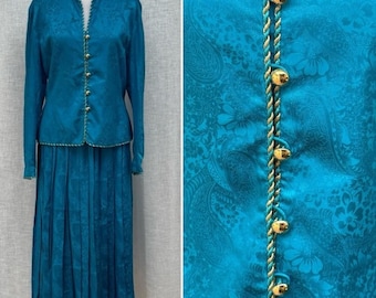 Papell Too turquoise paisley brocade silk jacket skirt set