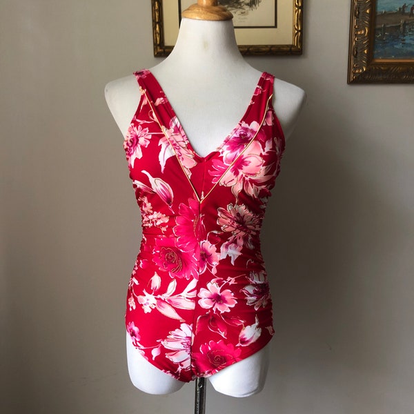 Vintage 1980’s Gabar red floral one piece bathing suit