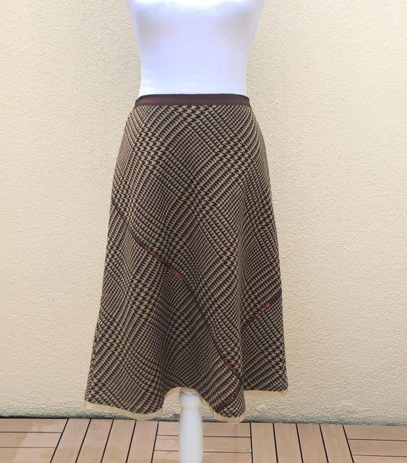 Clara Collins Paris Brown Houndstooth glen plaid bias midi Skirt with sequin embellishment