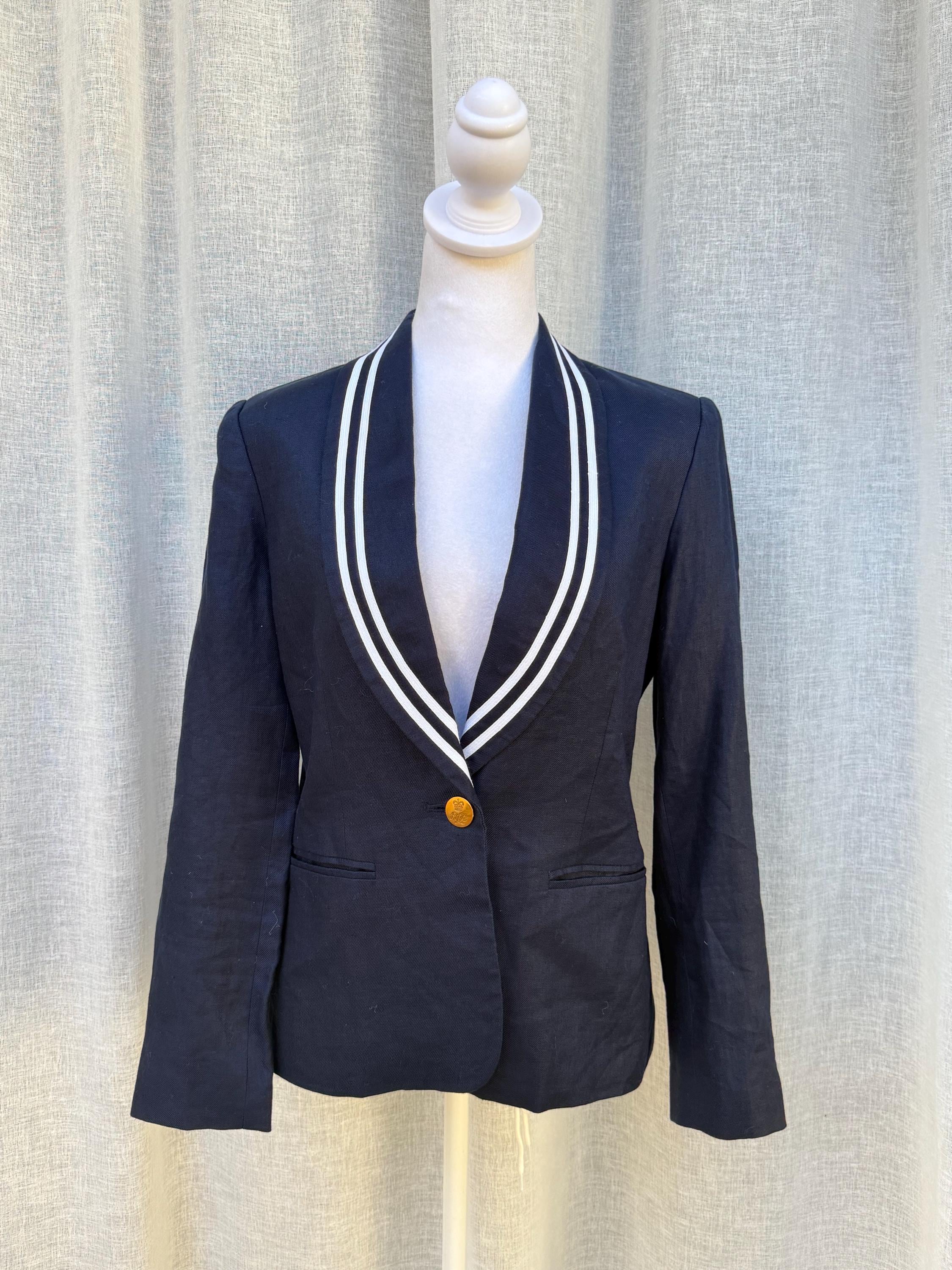 ジャケット・アウター Ralph Lauren 90s navy tailored jacket 1990 Lauren Ralph Lauren Navy Blue Linen Nautical Single Button