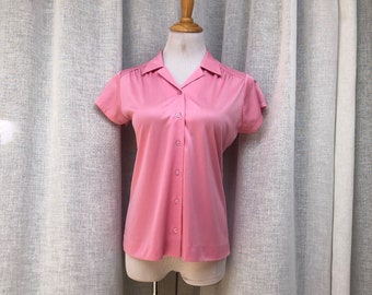 1960 pink stretch polyester button down short sleeve Blouse Top