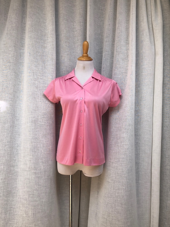 1960 pink stretch polyester button down short sle… - image 1