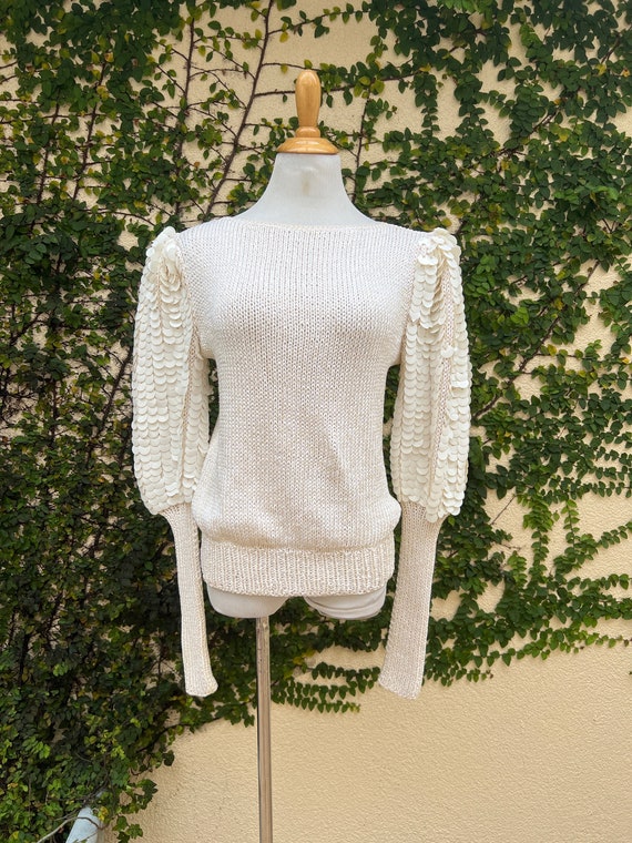 1980’s sequins Puff-Sleeve off White Sweater