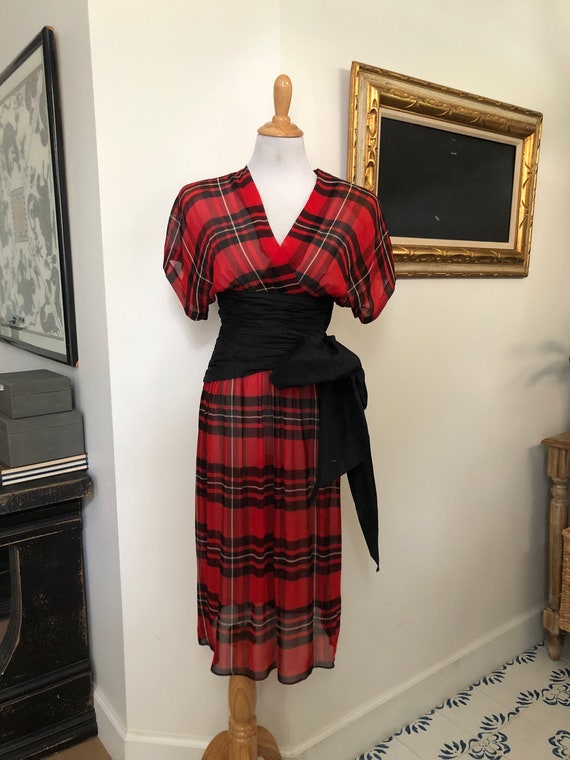 Albert Nipon sheer red and black plaid batwing ci… - image 2