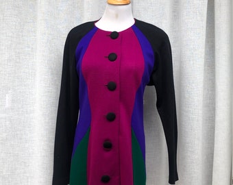 Vintage l. magnin color block fuchsia green purple crew neck blazer button down