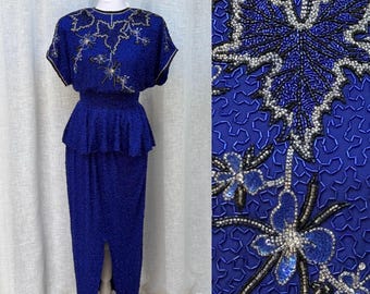 NIGHTS Lillie Rubin Silk Beaded Royal Blue Top and Skirt Set