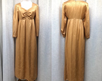 1970's satin Bronze Color Sweetheart neckline long sleeve maxi dress